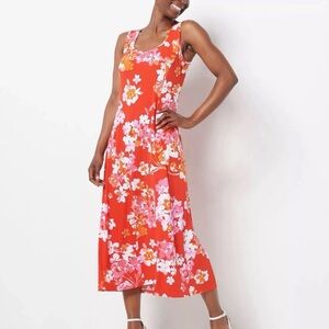 Susan Graver Liquid Knit Floral Size Medium Midi Dress Square Neck